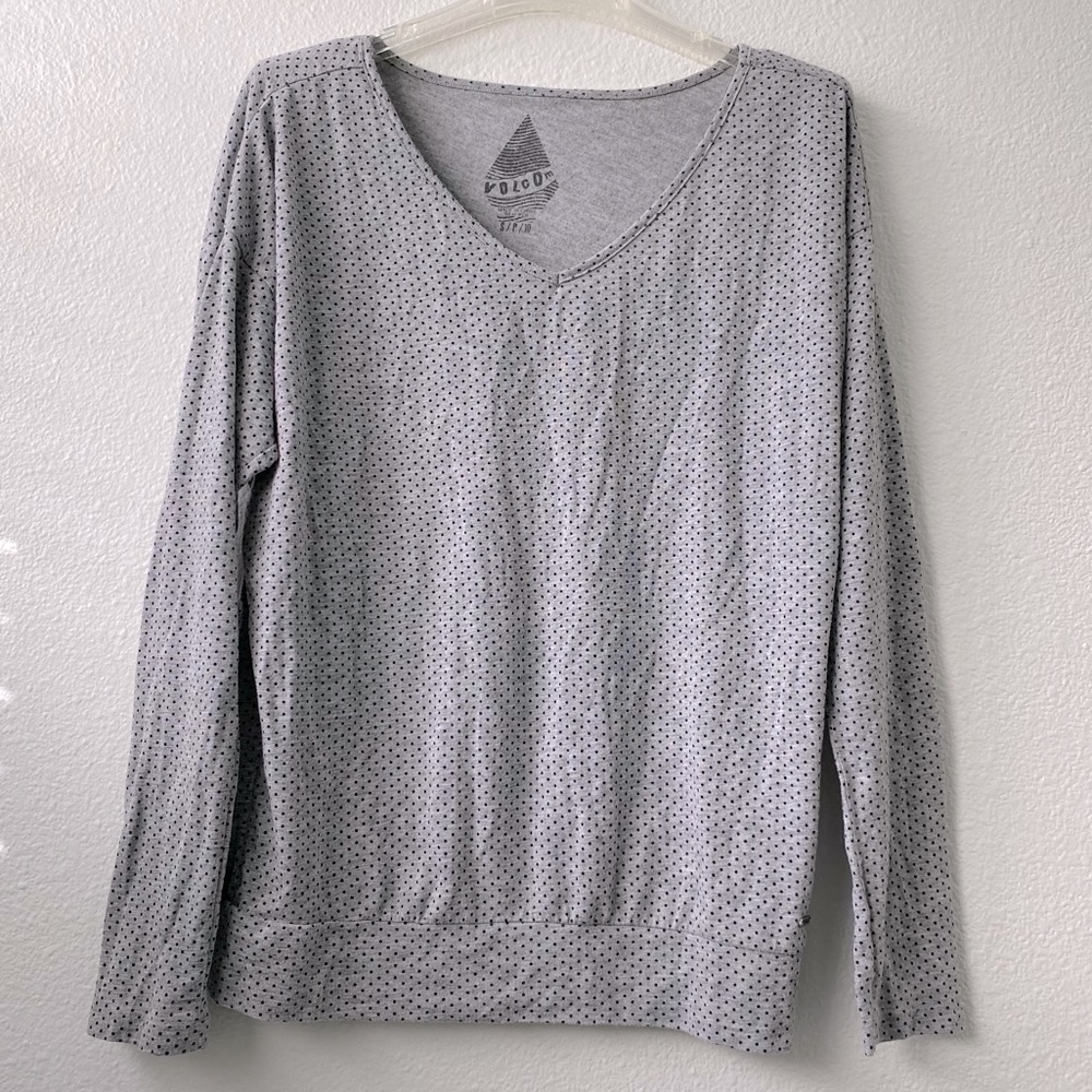 Volcom Grey with Black Polkadot V-Neck Top. Small